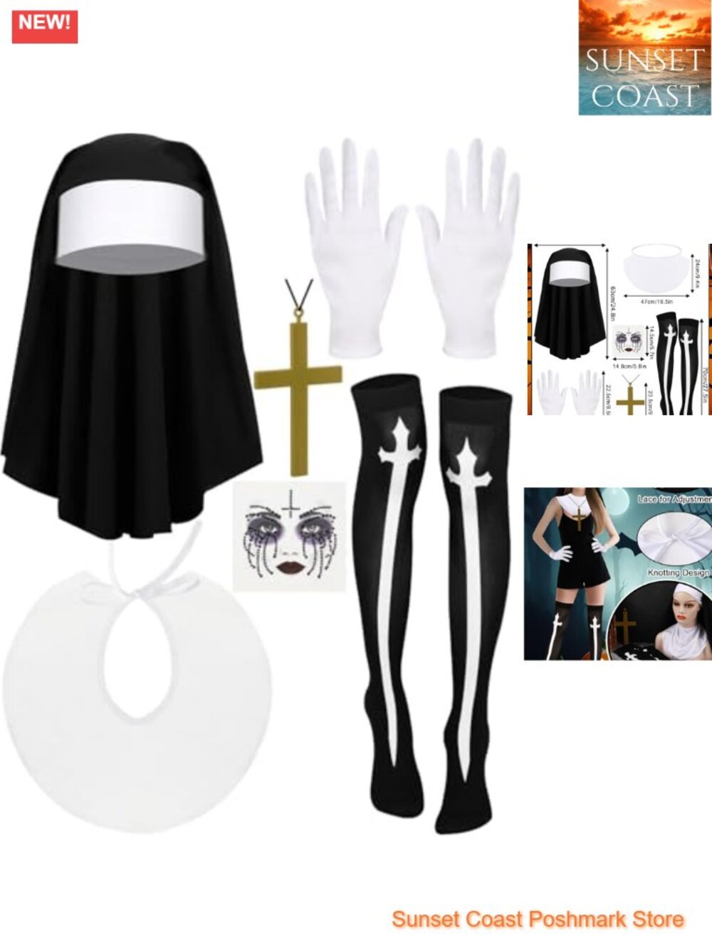 6PCS Nun Costume Accessory Set Headpiece Collar Gloves Stockings Necklace